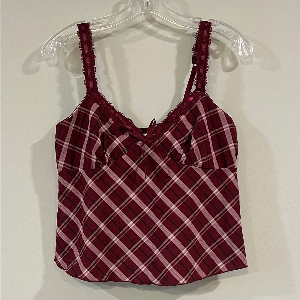 No Boundaries Burgundy and Pink Plaid Cami